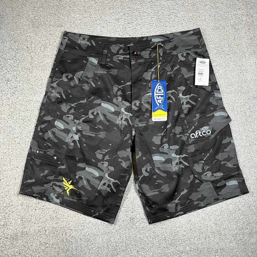 AFTCO Shorts Mens 34 Gray Tactical Camo Humminbird Graphic Fishing Cargo 10"